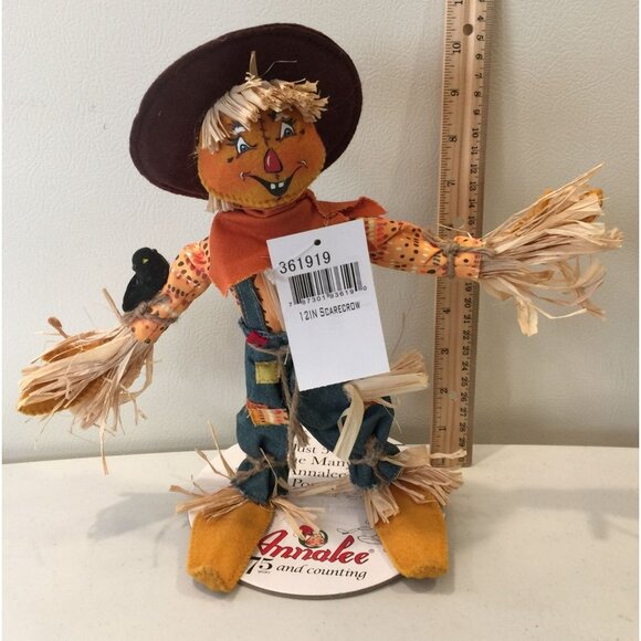 ANNALEE  12" Poseable Scarecrow 2019 Raffia Crow Autumn Patchwork - Picture 2 of 6